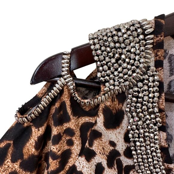 Cheetah Print Cold Shoulder Blouse Womens Large Lola‎ B Silver Beaded Top New - Picture 5 of 12